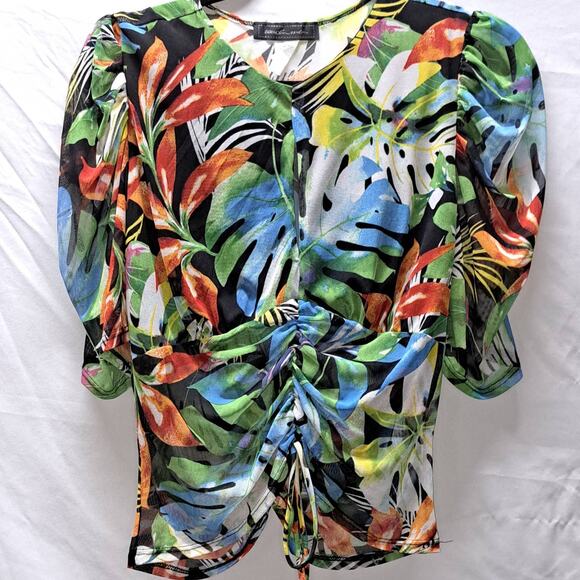 Touch Me sheer Multicolor Leaf pattern 1/2 Sleeve Ruched  Puff sleeve V-Neck LG - Picture 3 of 11